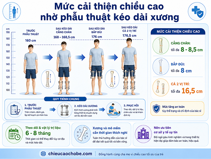 Mức cải thiện chiều cao nhờ phẫu thuật kéo dài xương